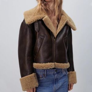 womens Shearling Lined Leather jacket faux leather and fur